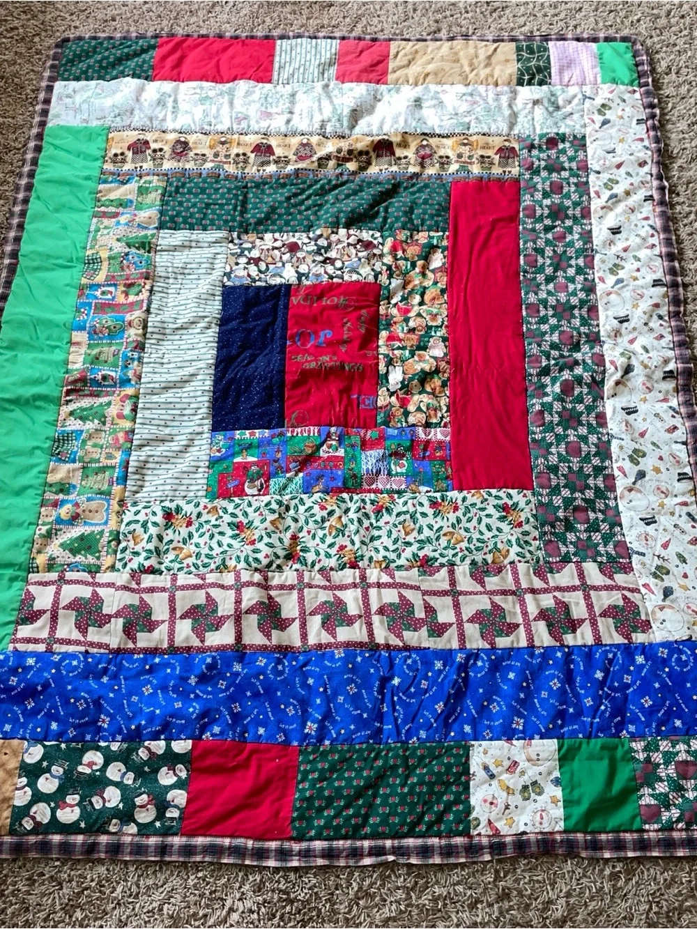 Handcrafted Patchwork Quilt in Red, Green, Blue